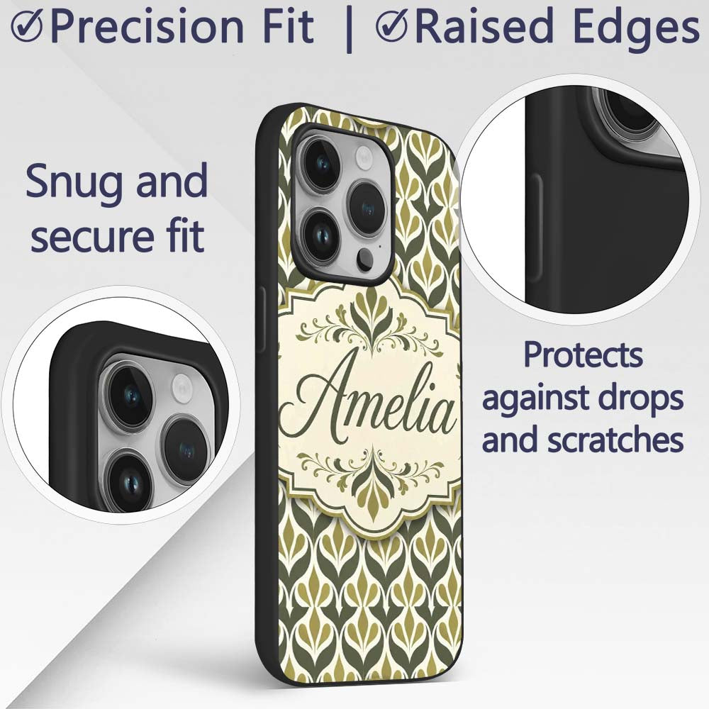 Olive and Black Floral Damask Seamless Pattern Custom Name Protective Phone Case Mobile Cover Durable Everyday Smartphone Shock Resistant