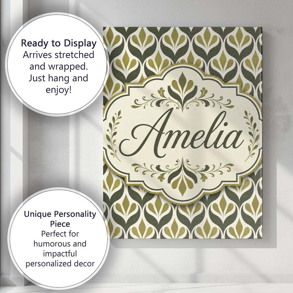 Personalised Name Olive and Black Floral Custom  Unique Gift Idea Elegant Feature Canvas Wall Art Print Decor Picture Ready to Hang