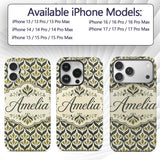Olive and Black Floral Damask Seamless Pattern Custom Name Protective Phone Case Mobile Cover Durable Everyday Smartphone Shock Resistant