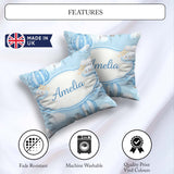 Custom Name Blue Hot Air Balloon Sky Pattern Cute Nursery Design Square Filled Cushion Throw Pillow Sofa Bed Home Decor Zip Washable UK Made