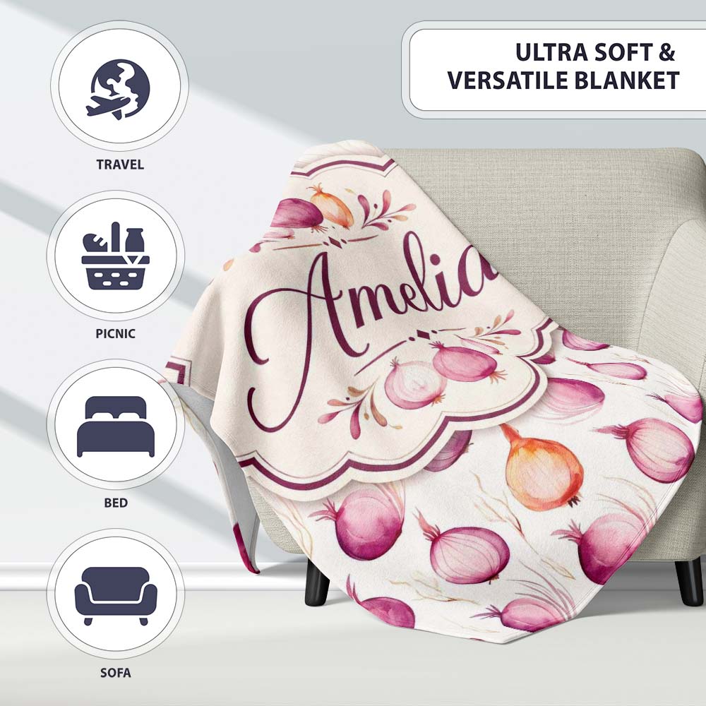 Watercolor Onion Repeat Pattern Pink and Orange  Vegetable  Personalised Custom Name Super Soft Fleece Blanket Bed Sofa Throw