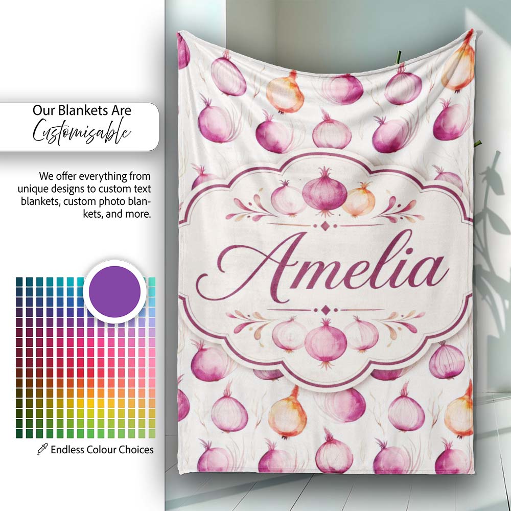 Watercolor Onion Repeat Pattern Pink and Orange  Vegetable  Personalised Custom Name Super Soft Fleece Blanket Bed Sofa Throw