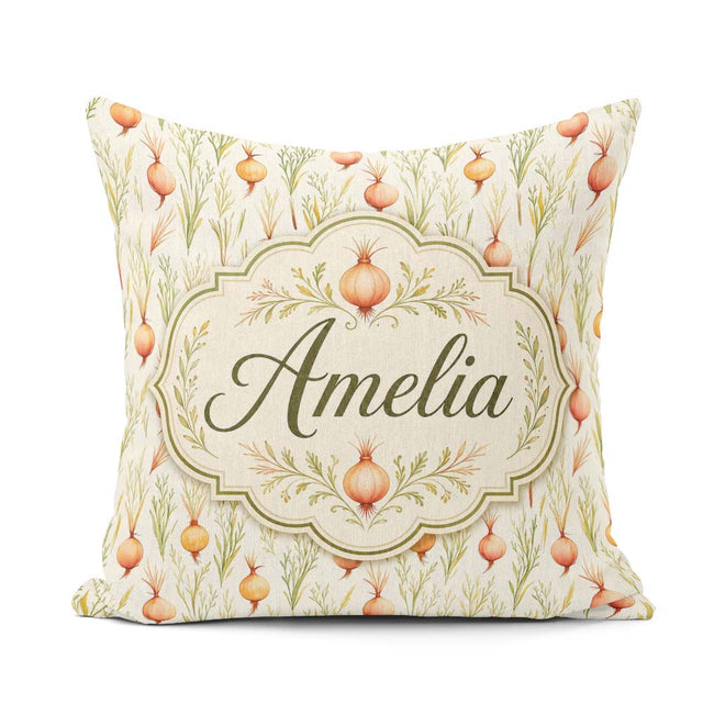 Custom Name Delicate Onion and Herb Seamless Pattern Soft Garden Square Filled Cushion Throw Pillow Sofa Bed Home Decor Zip Washable UK Made