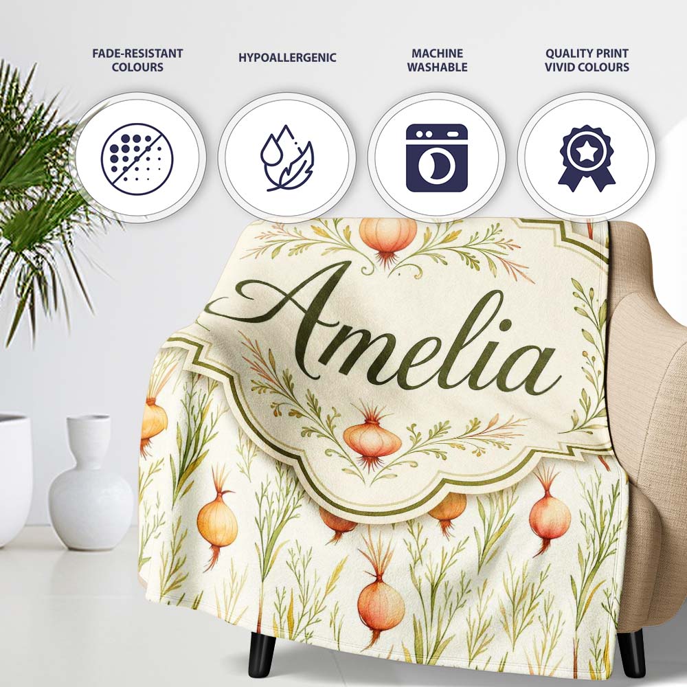 Delicate Onion and Herb Seamless Pattern Soft Botanical Garden Style  Personalised Custom Name Super Soft Fleece Blanket Bed Sofa Throw