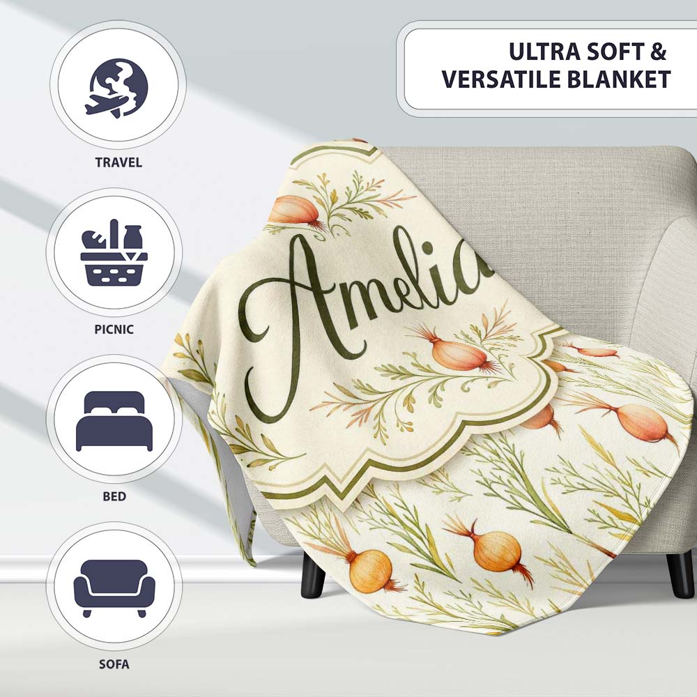 Delicate Onion and Herb Seamless Pattern Soft Botanical Garden Style  Personalised Custom Name Super Soft Fleece Blanket Bed Sofa Throw