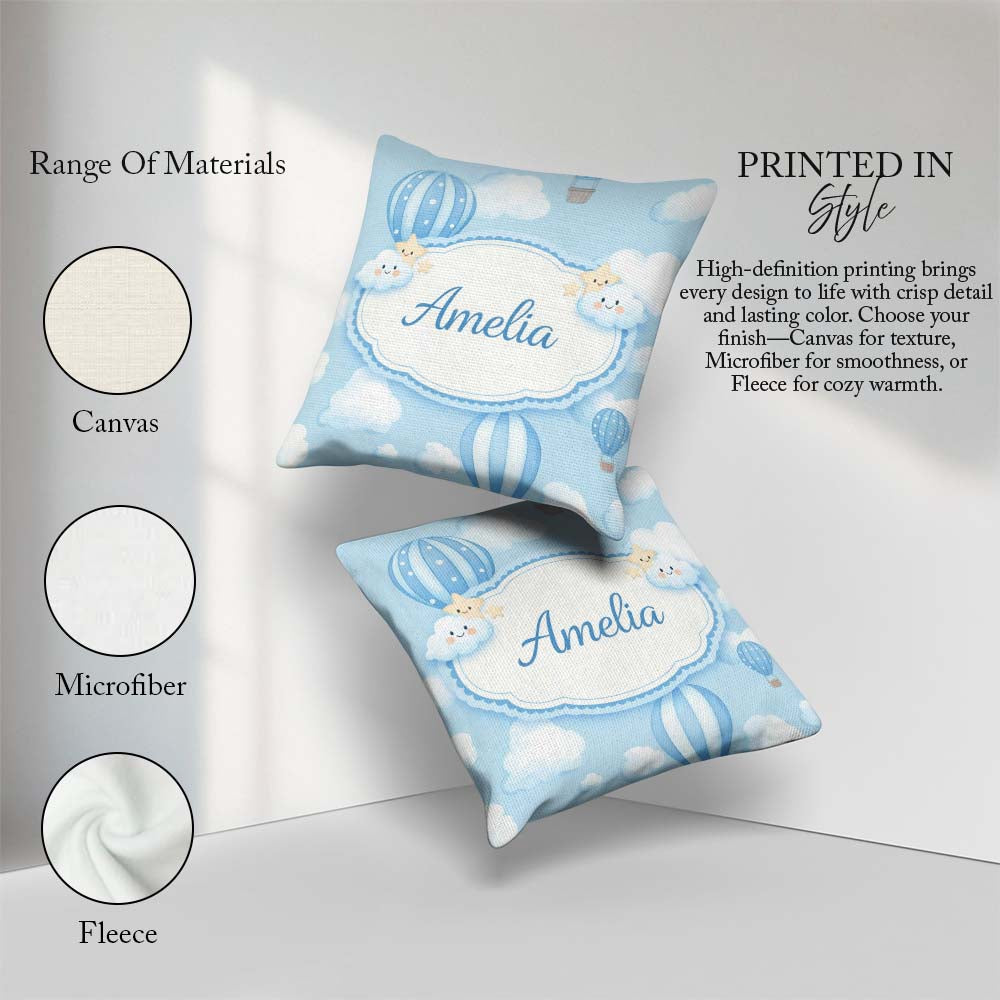 Custom Name Blue Hot Air Balloon Sky Pattern Cute Nursery Design Square Filled Cushion Throw Pillow Sofa Bed Home Decor Zip Washable UK Made
