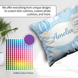 Custom Name Blue Hot Air Balloon Sky Pattern Cute Nursery Design Square Filled Cushion Throw Pillow Sofa Bed Home Decor Zip Washable UK Made