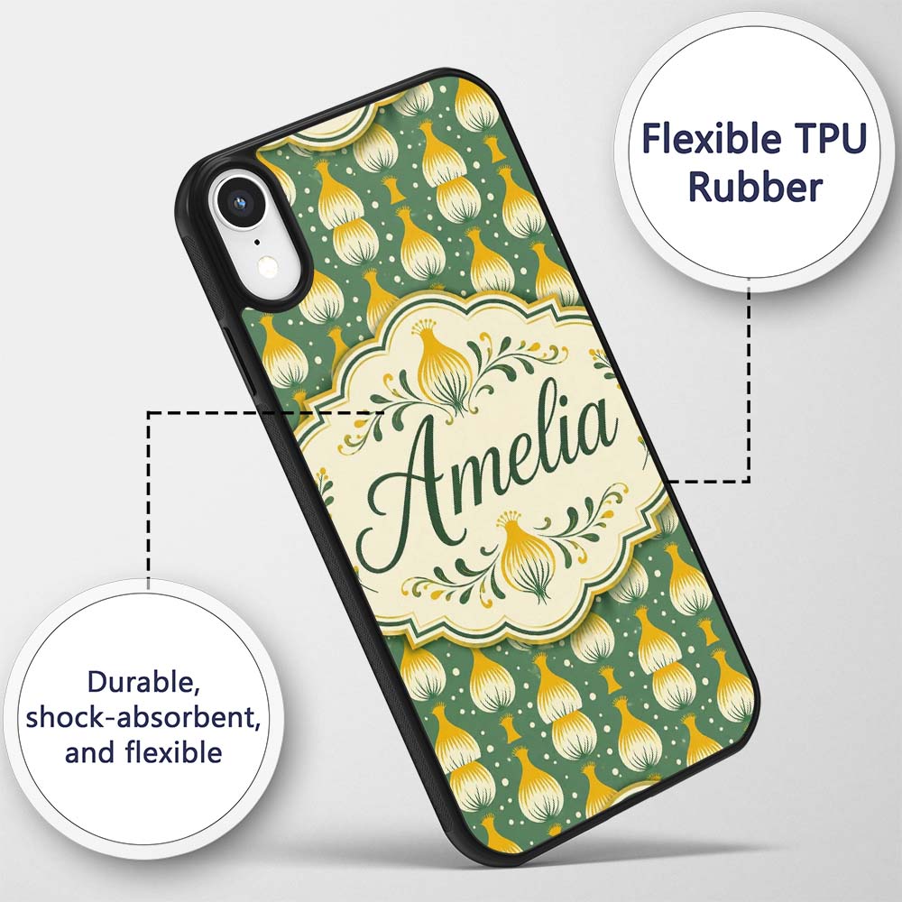 Geometric Onion Motif Pattern Green Background Custom Name Protective Phone Case Mobile Cover Durable Everyday Smartphone Shock Resistant