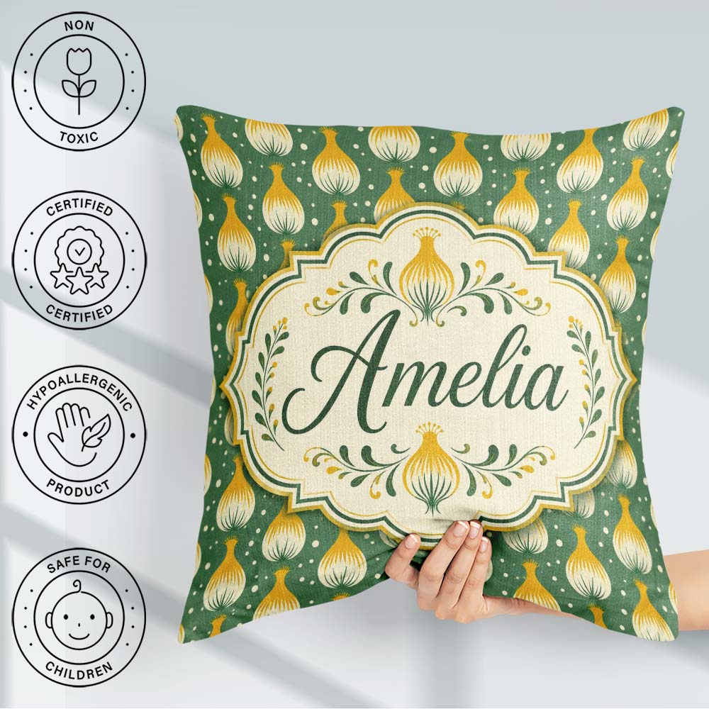 Custom Name Geometric Onion Motif Green Background Modern Design Square Filled Cushion Throw Pillow Sofa Bed Home Decor Zip Washable UK Made