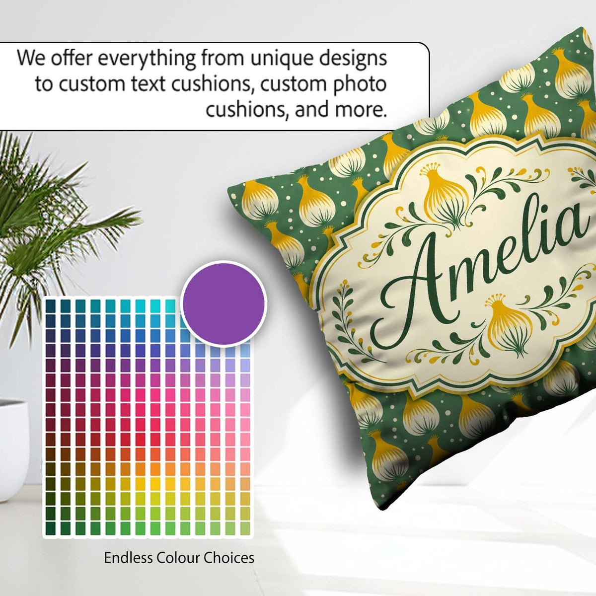 Custom Name Geometric Onion Motif Green Background Modern Design Square Filled Cushion Throw Pillow Sofa Bed Home Decor Zip Washable UK Made