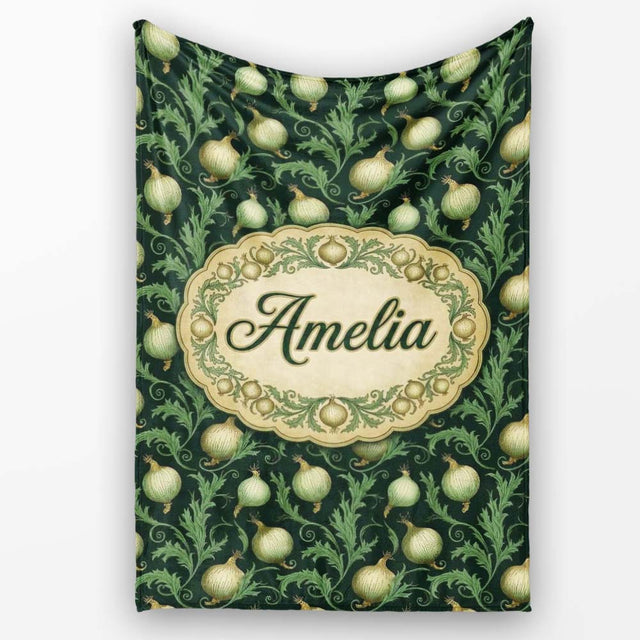 Dark Green Ornate Onion Botanical Pattern Vintage Floral Style  Personalised Custom Name Super Soft Fleece Blanket Bed Sofa Throw
