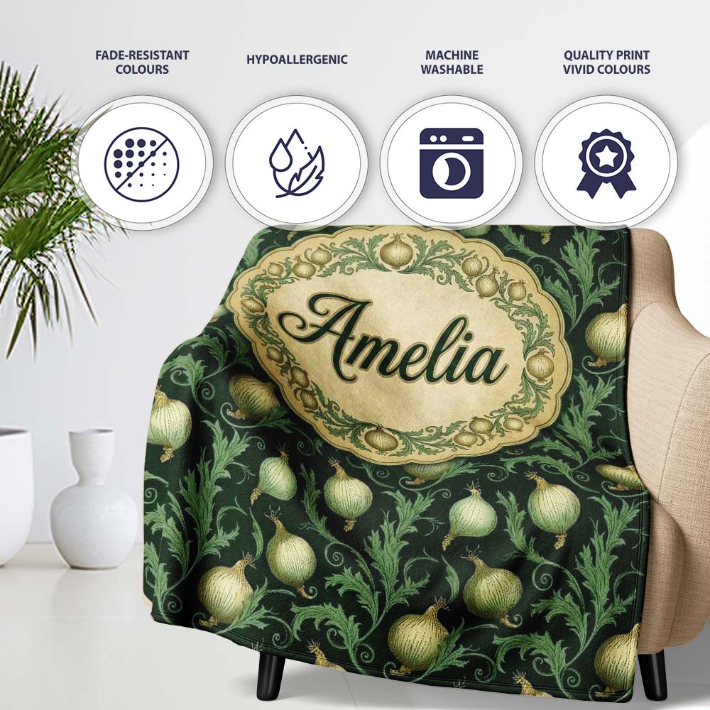 Dark Green Ornate Onion Botanical Pattern Vintage Floral Style  Personalised Custom Name Super Soft Fleece Blanket Bed Sofa Throw