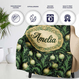Dark Green Ornate Onion Botanical Pattern Vintage Floral Style  Personalised Custom Name Super Soft Fleece Blanket Bed Sofa Throw