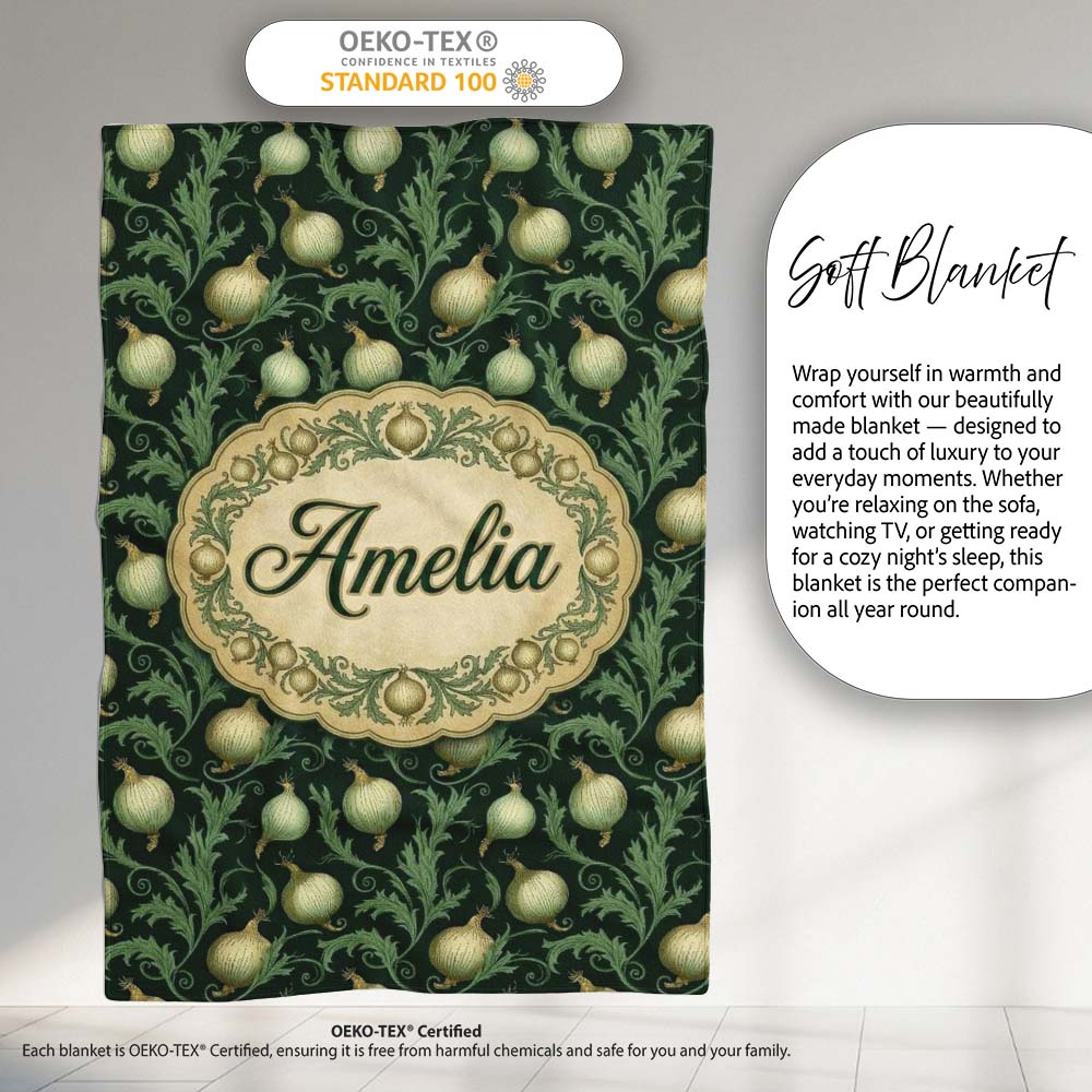 Dark Green Ornate Onion Botanical Pattern Vintage Floral Style  Personalised Custom Name Super Soft Fleece Blanket Bed Sofa Throw