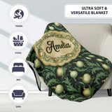 Dark Green Ornate Onion Botanical Pattern Vintage Floral Style  Personalised Custom Name Super Soft Fleece Blanket Bed Sofa Throw