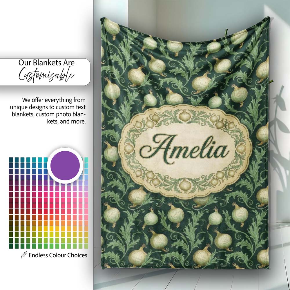 Dark Green Ornate Onion Botanical Pattern Vintage Floral Style  Personalised Custom Name Super Soft Fleece Blanket Bed Sofa Throw