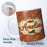 Personalized Custom Name Festive Red Chevron Gingerbread Leopard Glitter Seamless Pattern 11oz Ceramic Coffee Tea Mug White Large Handle