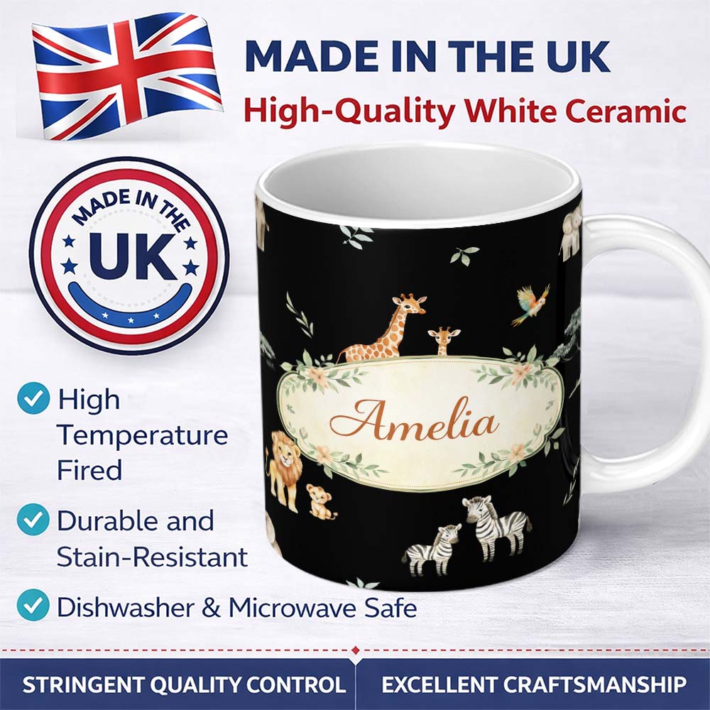 Personalized Custom Name Cute Safari Animals Lion Giraffe Zebra Elephant Pattern Brown Lovely 11oz Ceramic Coffee Tea Mug White Large Handle