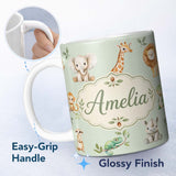 Personalized Custom Name Safari Animals with Elephant Lion and Crocodile on Sage Green Lovely 11oz Ceramic Coffee Tea Mug White Large Handle