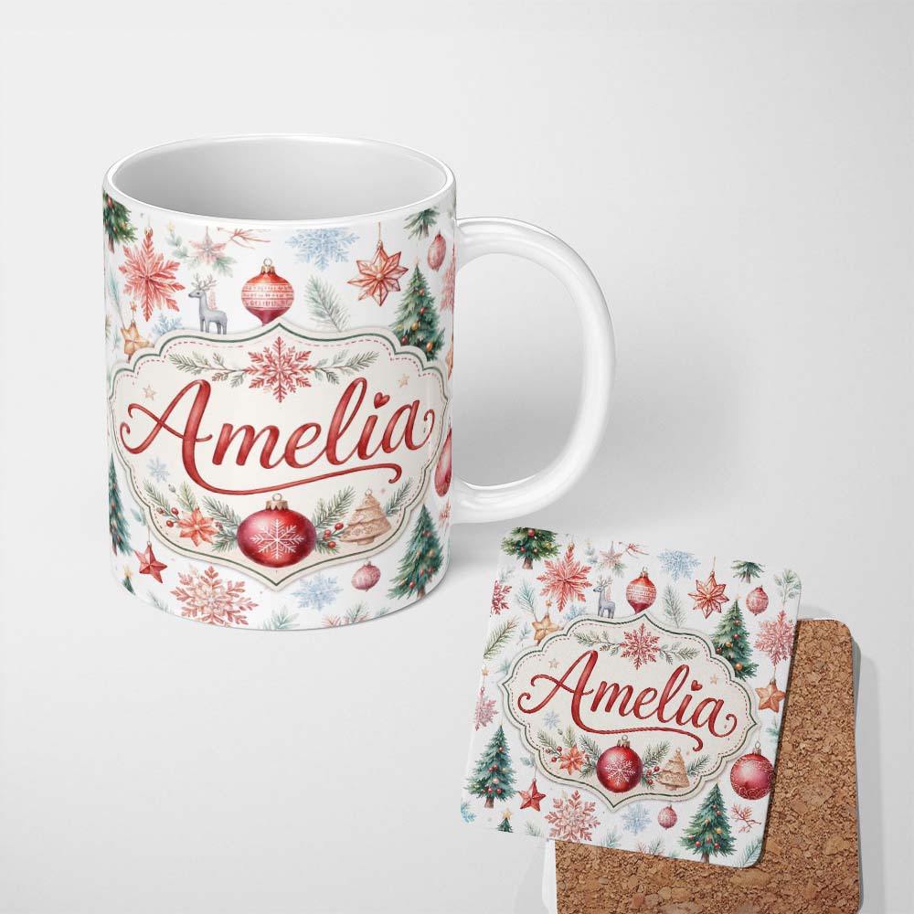 Personalized Custom Name Vintage Christmas Ornament Tree Star Deer Holiday Seamless Pattern 11oz Ceramic Coffee Tea Mug White Large Handle