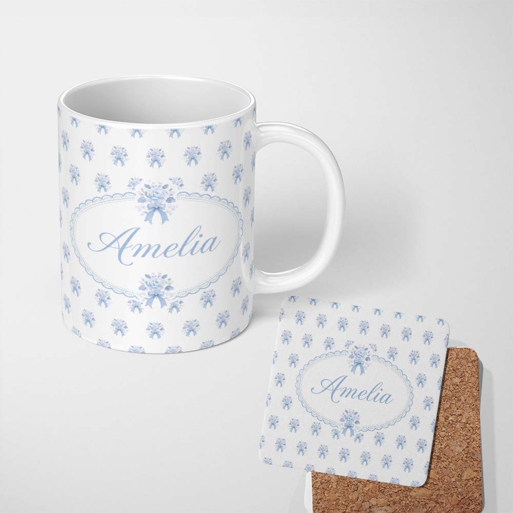 Personalized Custom Name Blue Rose Bow Tossed Floral Seamless Pattern Stylish Everyday Mug 11oz Ceramic Coffee Tea Mug White Large Handle