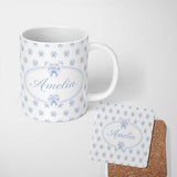 Personalized Custom Name Blue Rose Bow Tossed Floral Seamless Pattern Stylish Everyday Mug 11oz Ceramic Coffee Tea Mug White Large Handle