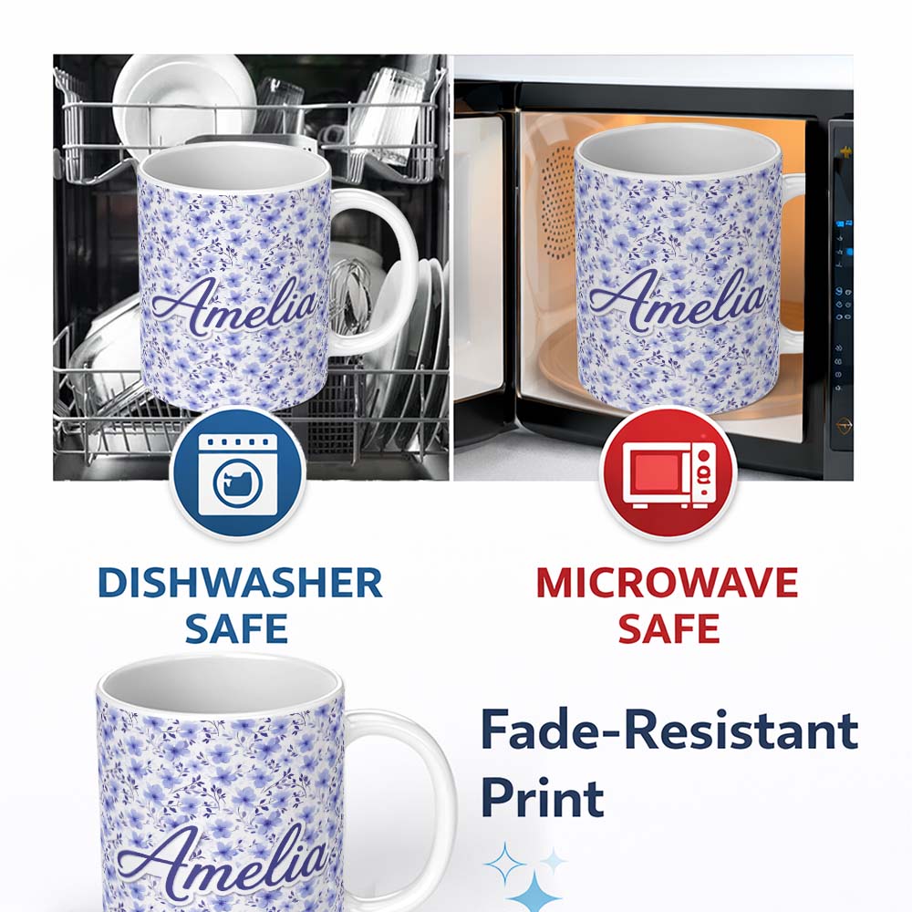 Personalized Custom Name Soft Lavender Watercolor Floral Seamless Pattern Delicate Botanical 11oz Ceramic Coffee Tea Mug White Large Handle