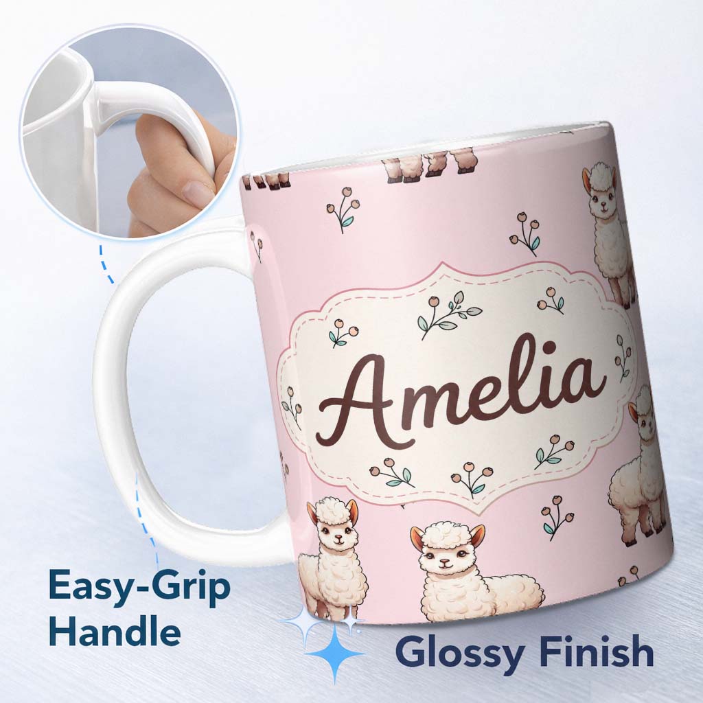 Personalized Custom Name Cute Alpaca Llama Farm Animals Floral Seamless Pattern Blush Pink 11oz Ceramic Coffee Tea Mug White Large Handle