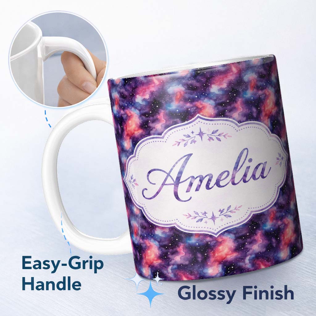 Personalized Custom Name Watercolor Nebula Galaxy Pink Purple Space Seamless Pattern Artistic 11oz Ceramic Coffee Tea Mug White Large Handle