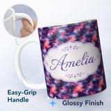 Personalized Custom Name Watercolor Nebula Galaxy Pink Purple Space Seamless Pattern Artistic 11oz Ceramic Coffee Tea Mug White Large Handle
