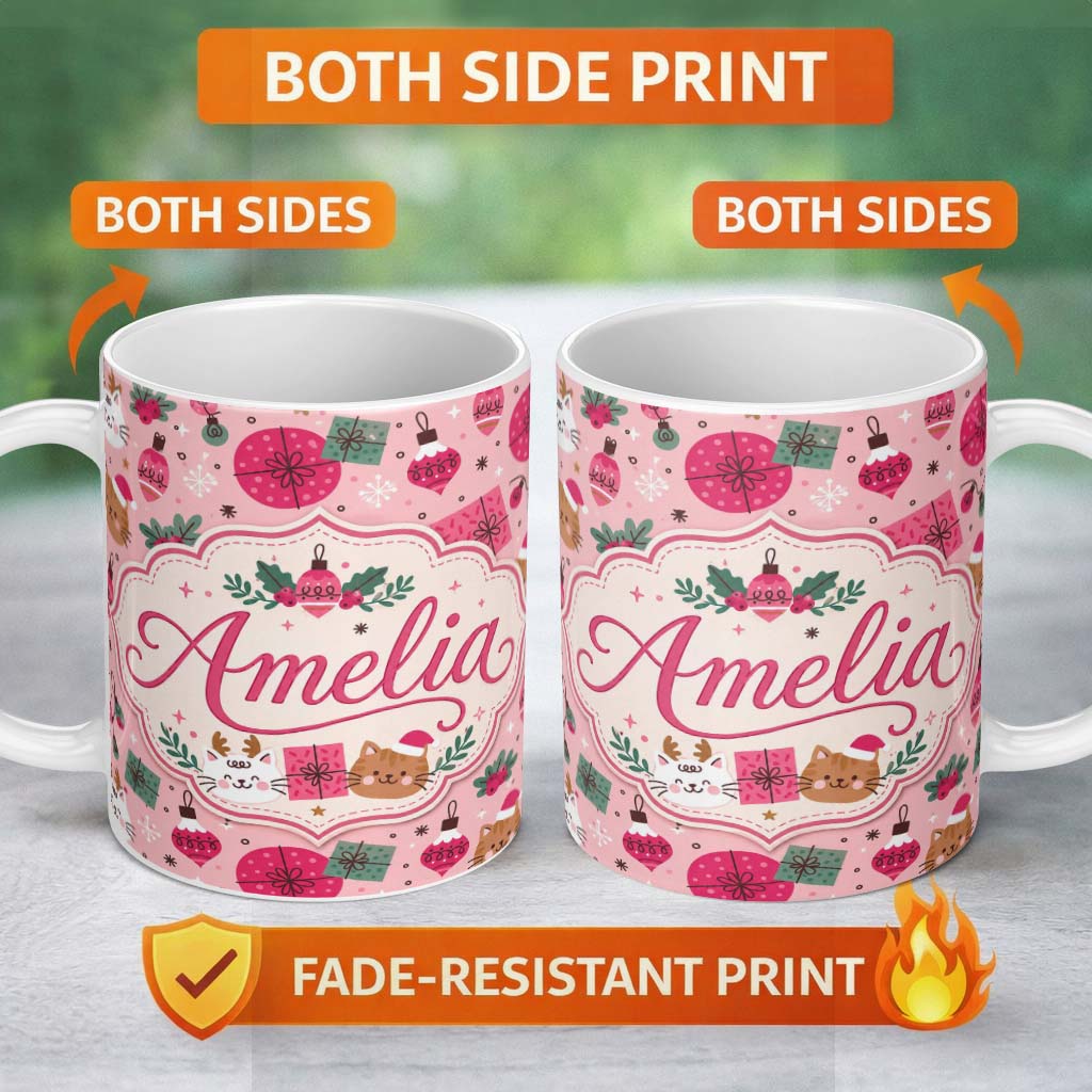 Personalized Custom Name Cute Christmas Cats Gifts and Baubles Pink Festive Seamless Pattern 11oz Ceramic Coffee Tea Mug White Large Handle