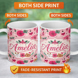 Personalized Custom Name Cute Christmas Cats Gifts and Baubles Pink Festive Seamless Pattern 11oz Ceramic Coffee Tea Mug White Large Handle