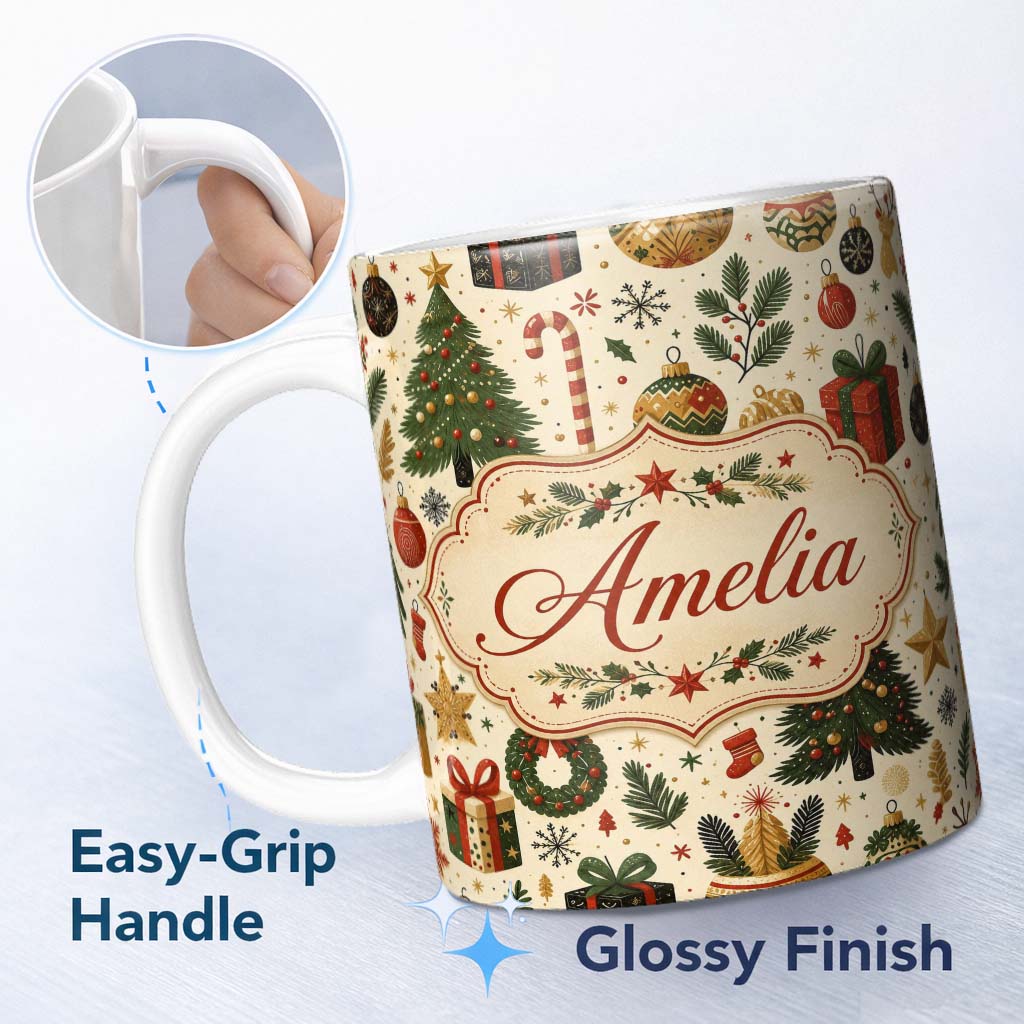 Personalized Custom Name Vintage Christmas Trees Gifts Baubles Candy Cane Festive Seamless 11oz Ceramic Coffee Tea Mug White Large Handle