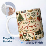 Personalized Custom Name Vintage Christmas Trees Gifts Baubles Candy Cane Festive Seamless 11oz Ceramic Coffee Tea Mug White Large Handle
