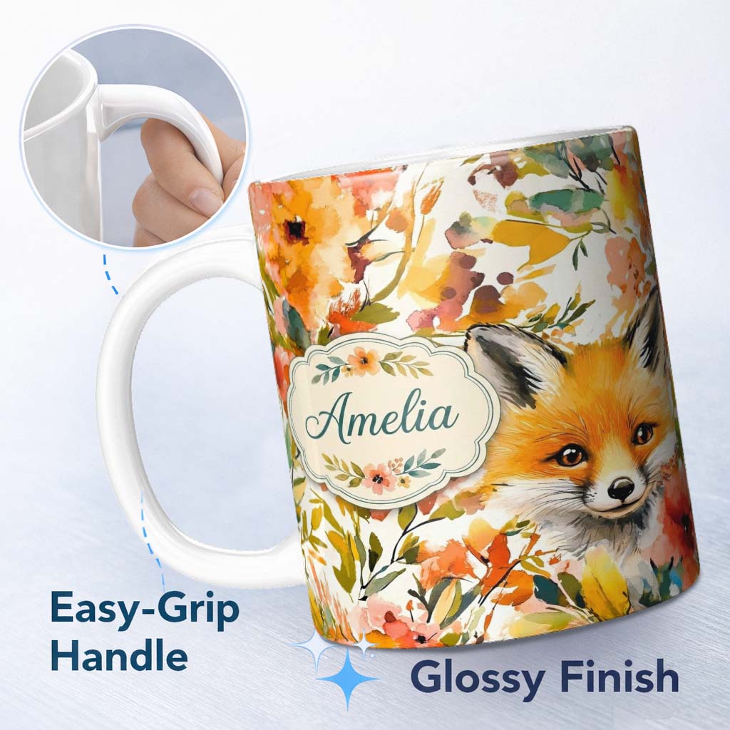 Personalized Custom Name Watercolor Fox Floral Artistic Pattern Stylish Everyday Mug Lovely 11oz Ceramic Coffee Tea Mug White Large Handle