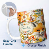 Personalized Custom Name Watercolor Fox Floral Artistic Pattern Stylish Everyday Mug Lovely 11oz Ceramic Coffee Tea Mug White Large Handle