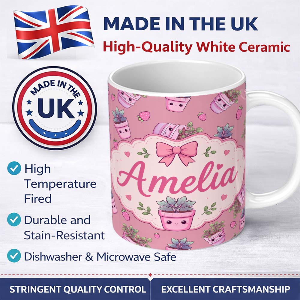Personalized Custom Name Cute Pink Plant Pots Leaves Strawberry Seamless Pattern Rose Lovely 11oz Ceramic Coffee Tea Mug White Large Handle