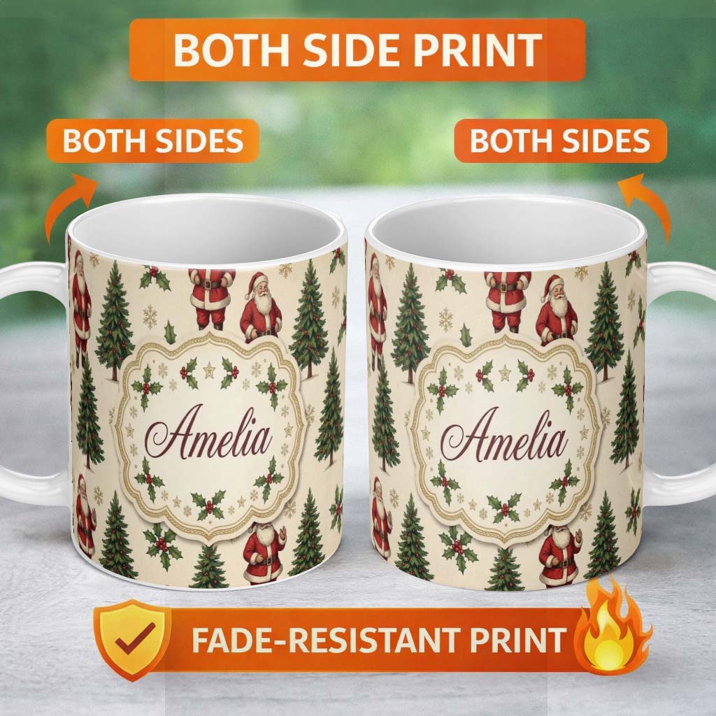 Personalized Custom Name Cute Santa Claus Christmas Trees Holly Leaves and Festive Holiday 11oz Ceramic Coffee Tea Mug White Large Handle