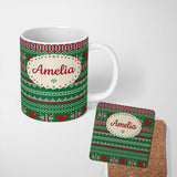 Personalized Custom Name Green Red White Classic Nordic Knit Stripe Seamless Pattern Lovely 11oz Ceramic Coffee Tea Mug White Large Handle