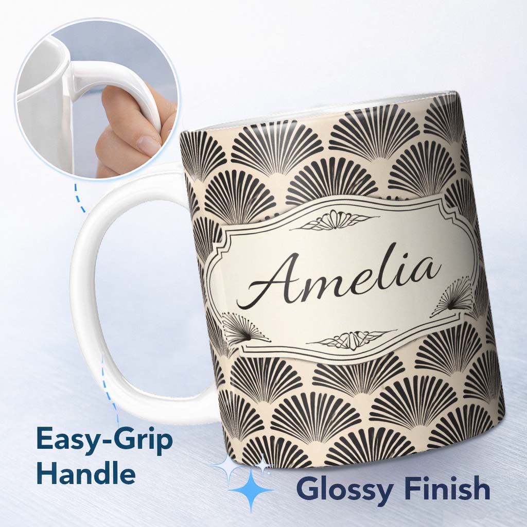 Personalized Custom Name Scallop Fan Shell Black Cream Art Deco Pattern Perfect Gift for Her 11oz Ceramic Coffee Tea Mug White Large Handle