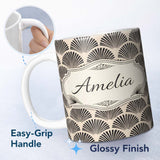 Personalized Custom Name Scallop Fan Shell Black Cream Art Deco Pattern Perfect Gift for Her 11oz Ceramic Coffee Tea Mug White Large Handle