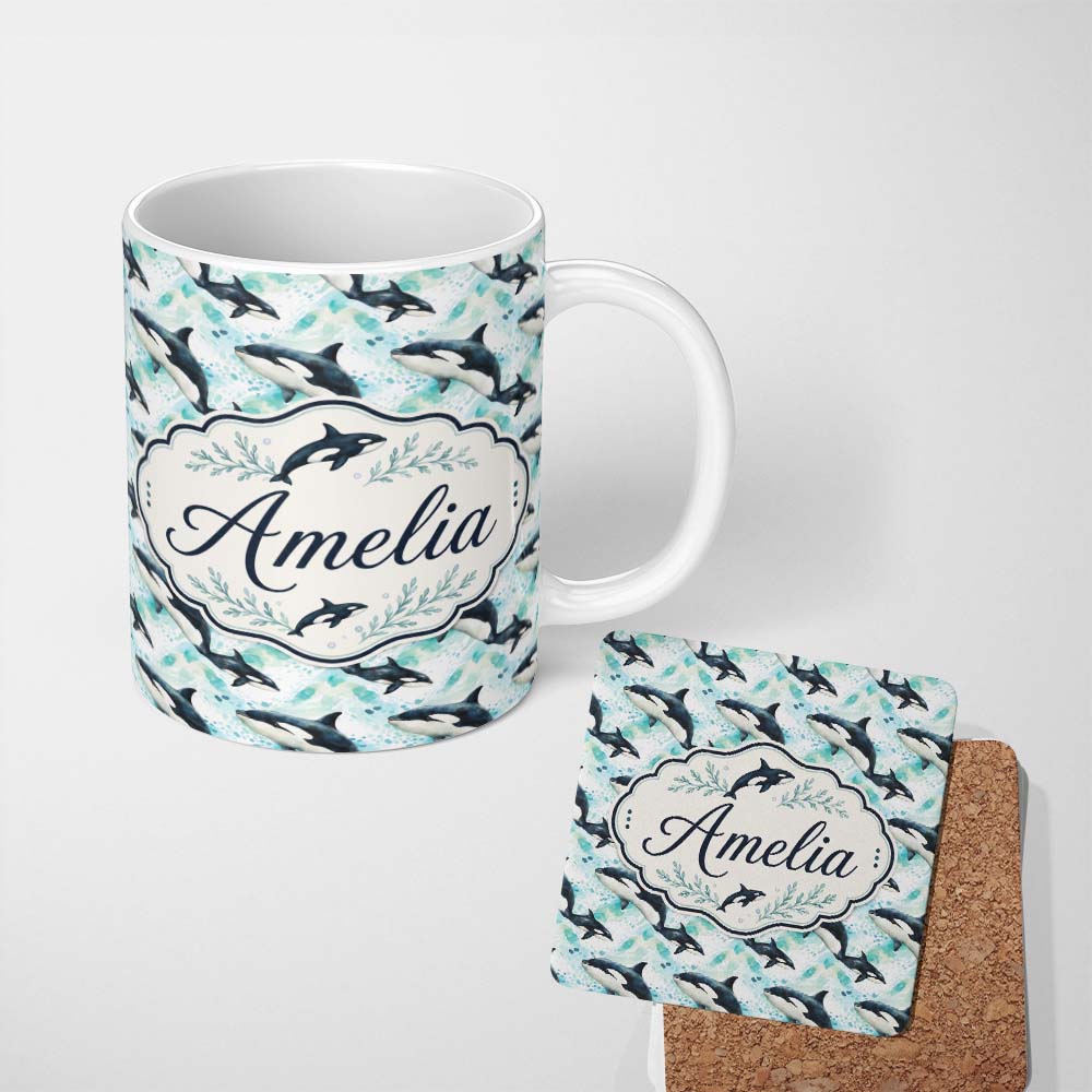 Personalized Custom Name Stylised Orca Whale Wave Seamless Pattern Nautical Ocean Scene 11oz Ceramic Coffee Tea Mug White Large Handle