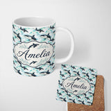 Personalized Custom Name Stylised Orca Whale Wave Seamless Pattern Nautical Ocean Scene 11oz Ceramic Coffee Tea Mug White Large Handle