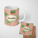 Personalized Custom Name Cute Kawaii Smiling Plant Pots Leaves Seamless Pattern Beige Lovely 11oz Ceramic Coffee Tea Mug White Large Handle