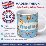 Personalized Custom Name Cute Cartoon Safari Animals with Stars on Blue Background Nursery 11oz Ceramic Coffee Tea Mug White Large Handle