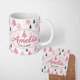 Personalized Custom Name Watercolor Pink Green Christmas Trees Seamless Pattern Lovely 11oz Ceramic Coffee Tea Mug White Large Handle