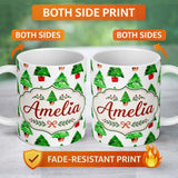 Personalized Custom Name Watercolor Christmas Tree in Pots Hand Painted Seamless Pattern 11oz Ceramic Coffee Tea Mug White Large Handle