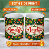 Personalized Custom Name Green Christmas Gifts Baubles Candy Cane Festive Holiday Seamless 11oz Ceramic Coffee Tea Mug White Large Handle