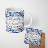 Personalized Custom Name Bold Blue White Botanical Floral Seamless Pattern Cute Unique Gift 11oz Ceramic Coffee Tea Mug White Large Handle