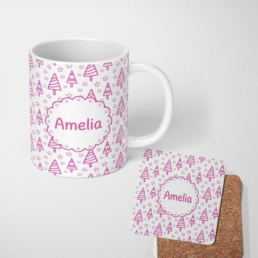 Personalized Custom Name Cute Pink Christmas Tree Star Doodle Seamless Pattern Lovely 11oz Ceramic Coffee Tea Mug White Large Handle